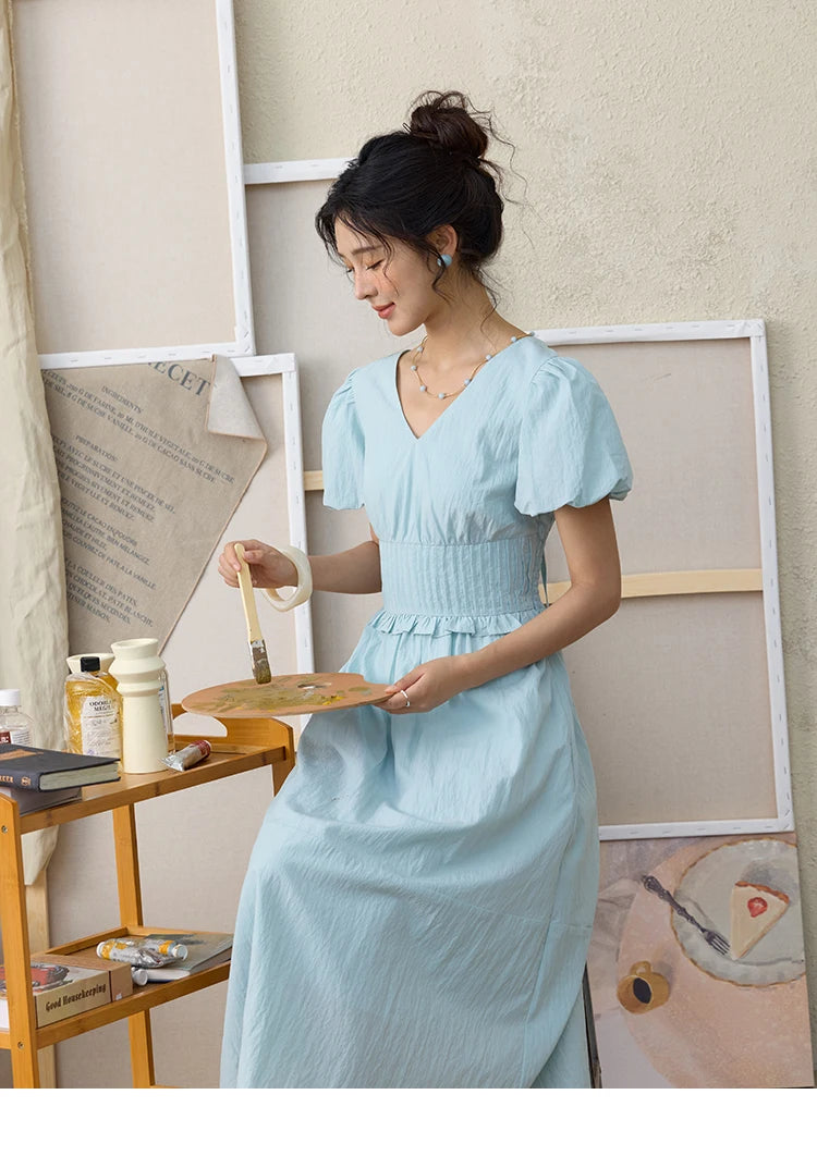 MISHOW French Summer Dresses Women 2025 New Short Puff Sleeve V-neck Solid Cotton Blended Dress Female Slimming MXE34L2288