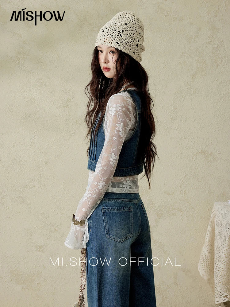 MISHOW Retro Denim Vest Coat for Women Spring Summer 2025 Deep Blue V-neck Short Versatile Outer Outfit U-neck Ccoats MXE16W0750