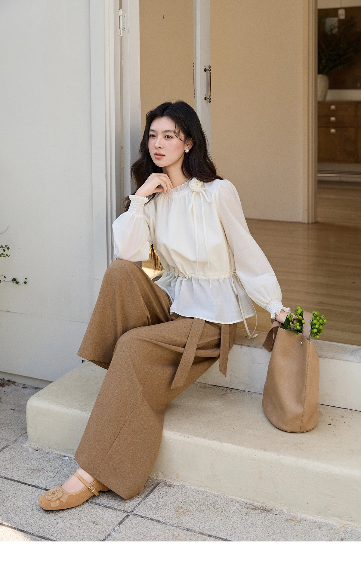 MISHOW Women's Ruffled Stand Collar Blouse 2026 Spring Flower Decor Apricot Blouses Drawstring Waist Puff Sleeve Top MXF11C2428