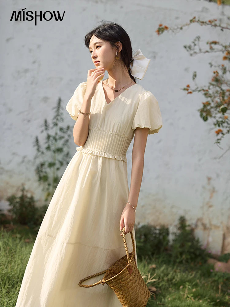 MISHOW French Summer Dresses Women 2025 New Short Puff Sleeve V-neck Solid Cotton Blended Dress Female Slimming MXE34L2288