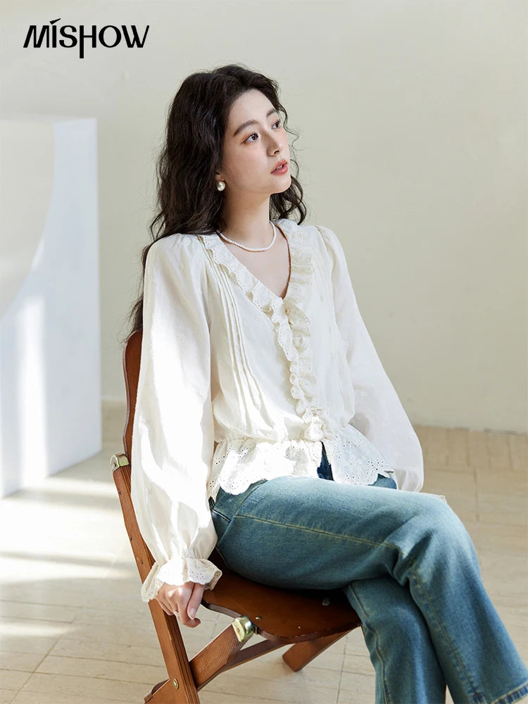 MISHOW Spring New French Shirts for Woman 2025 Long Sleeve V-neck Solid Loose Blouses Women Fashion Versatile Tops MXE14X1732