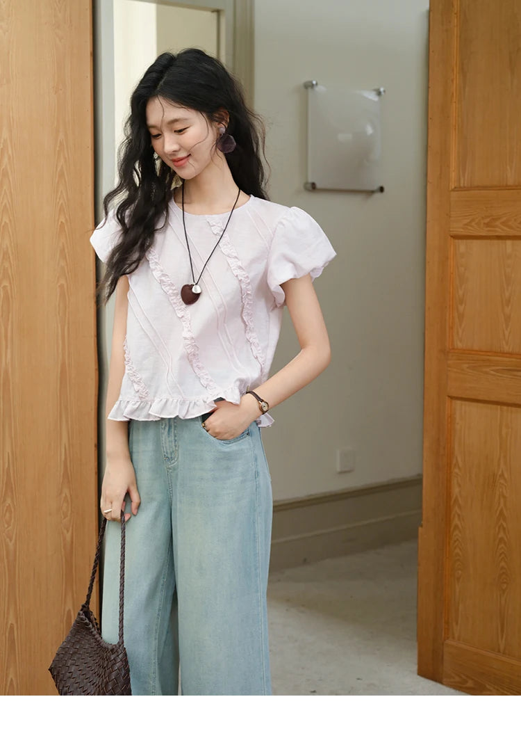 MISHOW Fashion Fungus Edge Puff Sleeve Blouses for Woman 2025 Summer O-Neck French Sweet Loose Top Ladies Clothing MXE39X1941