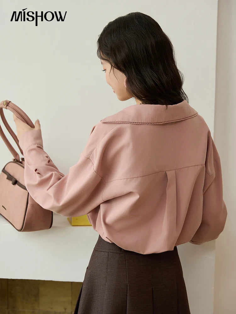 MISHOW Elegant Woman Blouse 2025 Autumn Loose Fitting Fake Two-piece Contrasting Color V-neck Tops Ladies Clothing	MXE45C2403