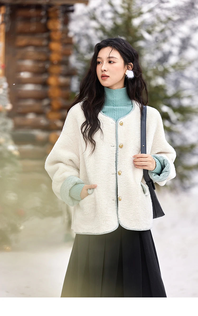 MISHOW Lamb Wool Jacket Women Cuffs Spliced Lace Metal Buttons Design Suede Plush Soft Warm Solid Leather Fur Coats MXD58W0740