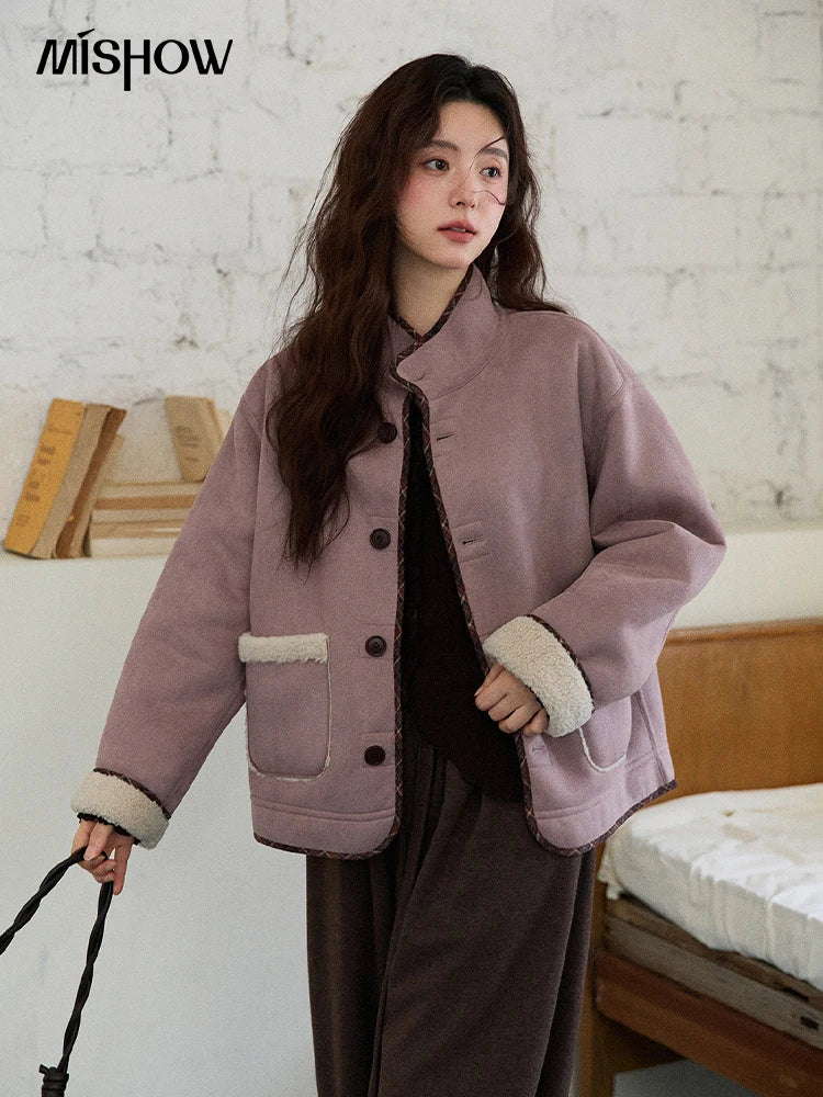 MISHOW Women Purple Coats 2025 Winter Luxury Turn-down Collar Double-sided Jacket Pocket Decoration Windproof Jacket MXE87W0940