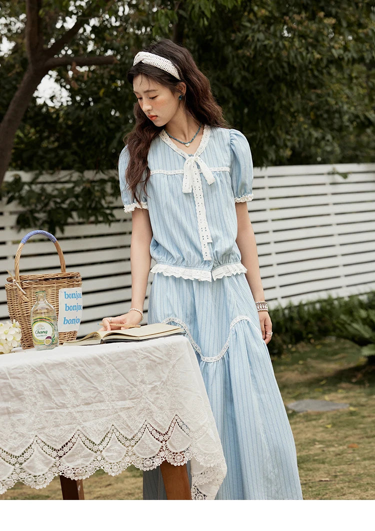MISHOW Elegant Summer Skirts Sets Women 2025 Short Sleeve V-neck Tops Blue Stripe Lace A-line Skirt Woman Slimming MXE31T0531