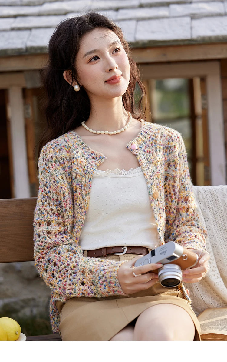 MISHOW Women's Sweet Woven Hollow Knitted Cardigan 2025 Spring Rainbow Button Single Breasted Top O-neck Cardigan MXE13Z1110