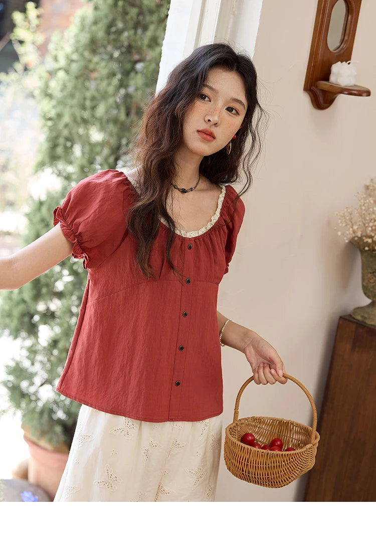 MISHOW French Summer Shirts for Women 2025 Short Puff Sleeve Lace Colla Slimming Blouses Female Sweet Fashion New MXE35X1827