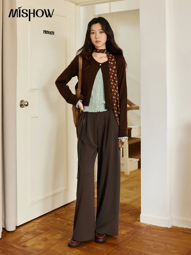 MISHOW Pullover Women 2025 Autumn Winter Retro Fake 2 Pieces Round Neck Color-blocked Lace Trim Knit Sweater Slim Top MXE46Z2545