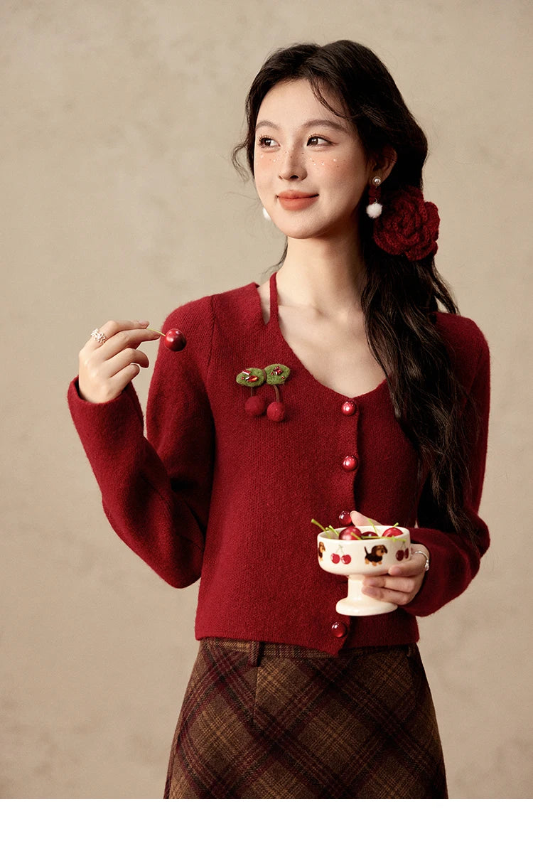 MISHOW Red Knitted Short Cardigan Women Autumn Winter New Cherry Ornaments Sweet Slim Fit V-neck Long Sleeve Tops MXD112Z1006