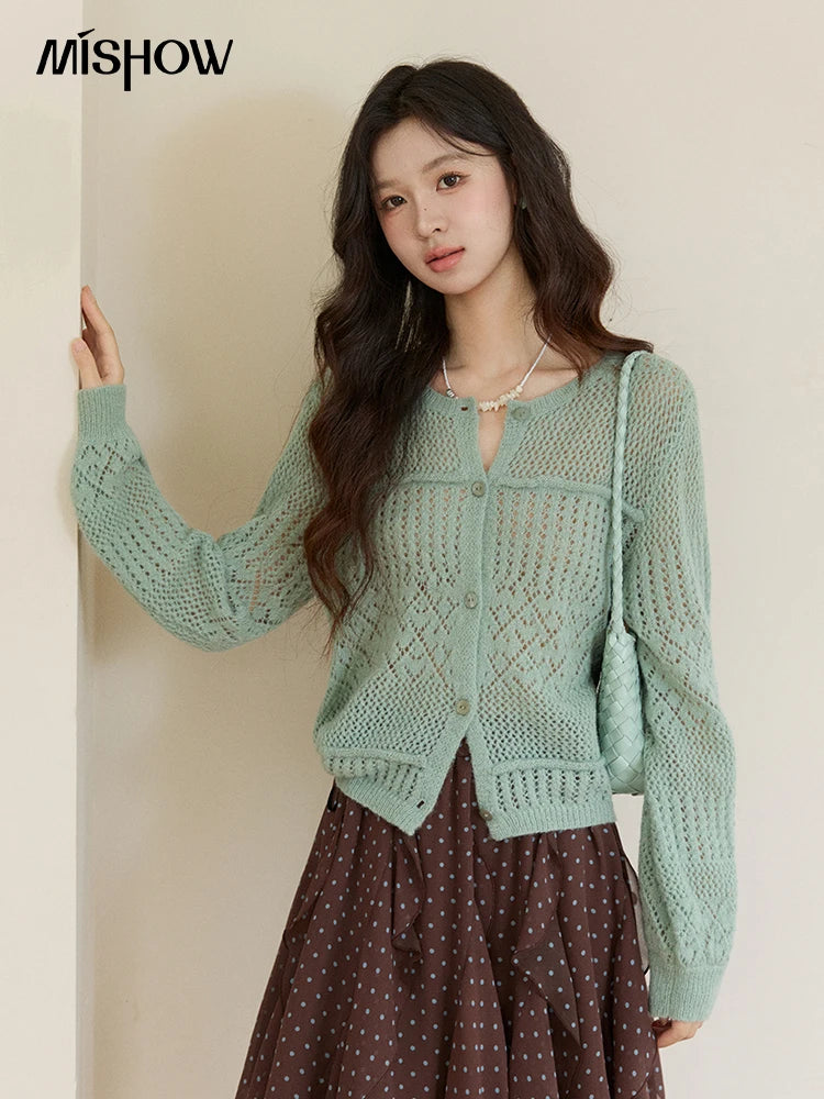 MISHOW Women's Mint Green Knitted Cardigan 2026 Spring Crew Neck Hollow Out Thin Tops Casual Loose Sheer Sweater MXF108Z1046