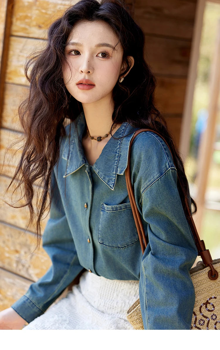 MISHOW Retro Washed Denim Shirt Spring 2025 Double Layered Patchwork Collar Shirt Metal Buckle Single Breasted Tops MXE12C0751