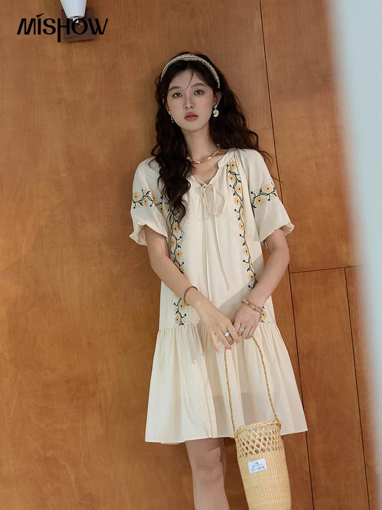 MISHOW  Women's Ethnic Dress 2024 Summer Korean Sunflower Embroidery Puff Sleeve Dress V Neck Lace-up Doll Dresses MXD30L1959