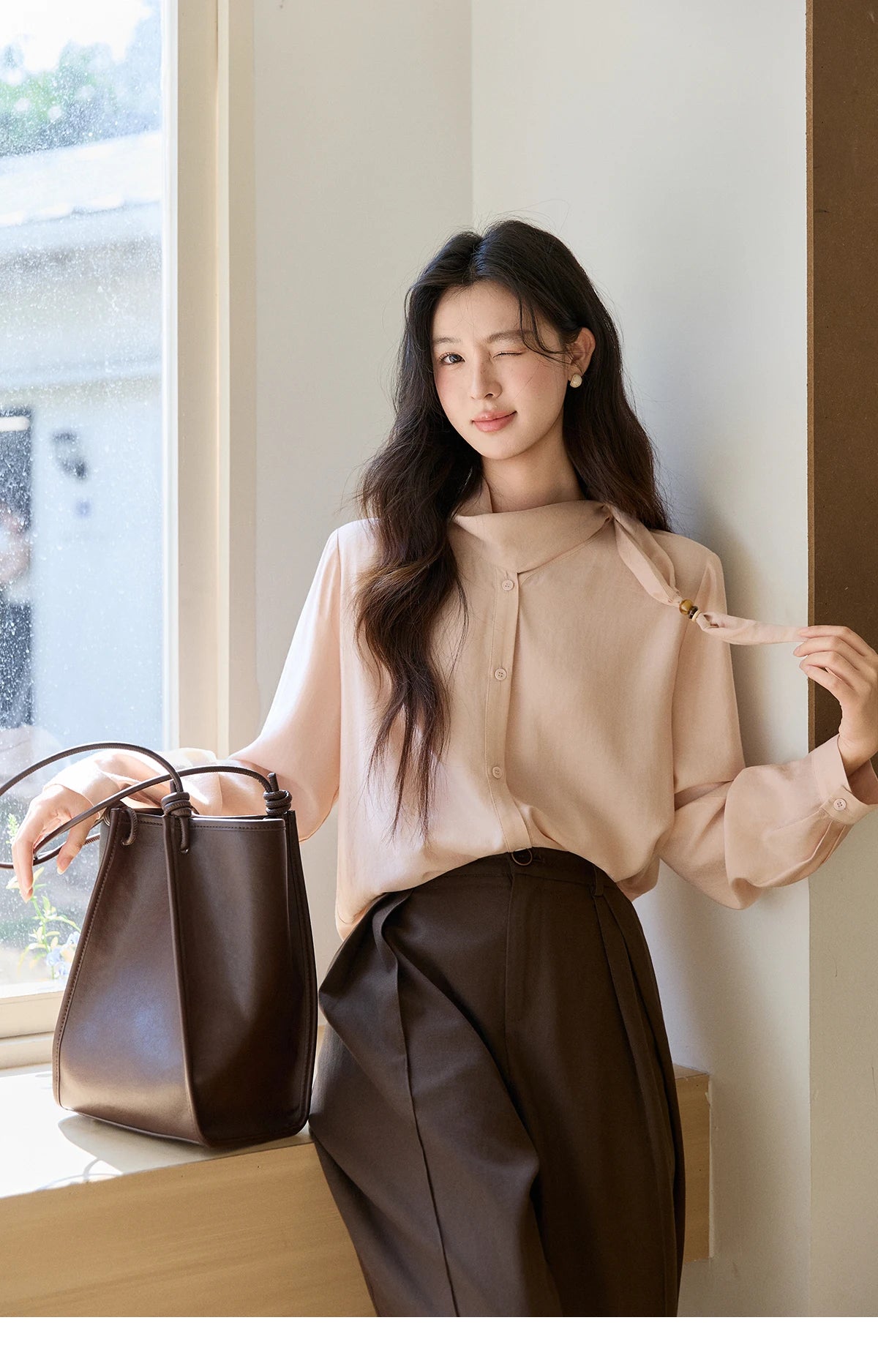 MISHOW Women's Nude Pink Shirt Spring Versatile Ribbon Stand Neck Shirts Button-Down Casual Commute Long Sleeve Top MXE11X2547