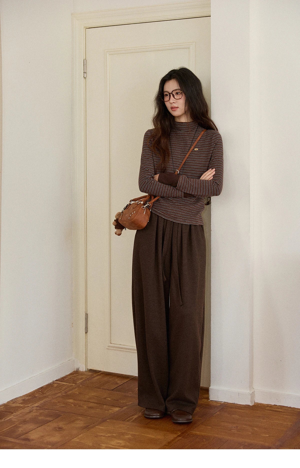 MISHOW Brown Wide-leg Pants for Women2025 Winter Thickened Warm Drawstring Waistband Retro Casual Trousers Woman MXE87K1126