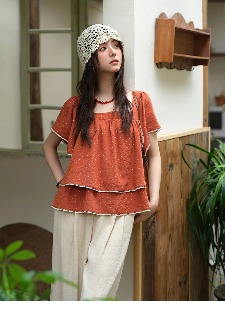 MISHOW Women's Polka Dot Blouse 2025 Summer Square Neck Lace Spliced Double Layered Ruffled Red Top Women's Clothing MXE37X1857