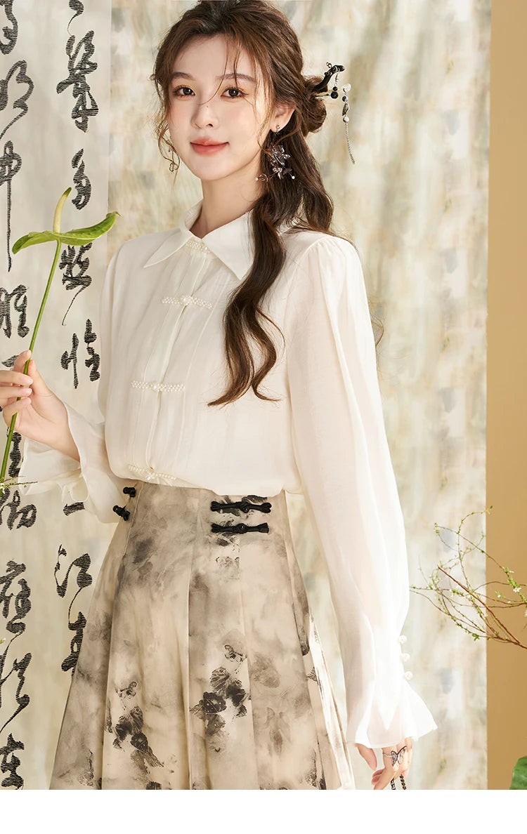 MISHOW Chinese Style Lapel Shirt 2024 Spring Retro Button Pearl Embellishments Folded Cuffs Petal Sleeve Loose Top MXD11X1344