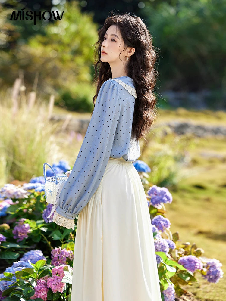 MISHOW Lace Patchwork Polka Dot Shirt for Women Spring 2025 French V-neck Shirt Cuff Splic with Hollowed Out Lace Top MXE12X1707