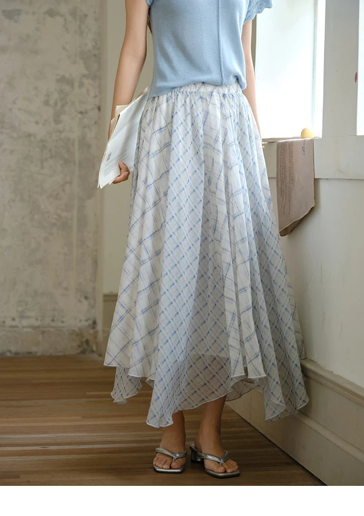 MISHOW Patchwork Plaid Chiffon Half Skirt for Women 2025 Summer Fashion Irregular Wave Edge High Waist A-line Skirt MXE34B0739