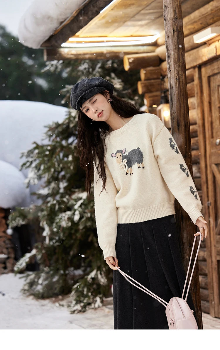 MISHOW Soft Lamb O-Neck Pullovers Color Clash Spliced Knitted Sweater 2024 Winter Women Clothes Thickened Warm Tops MXD59Z1140