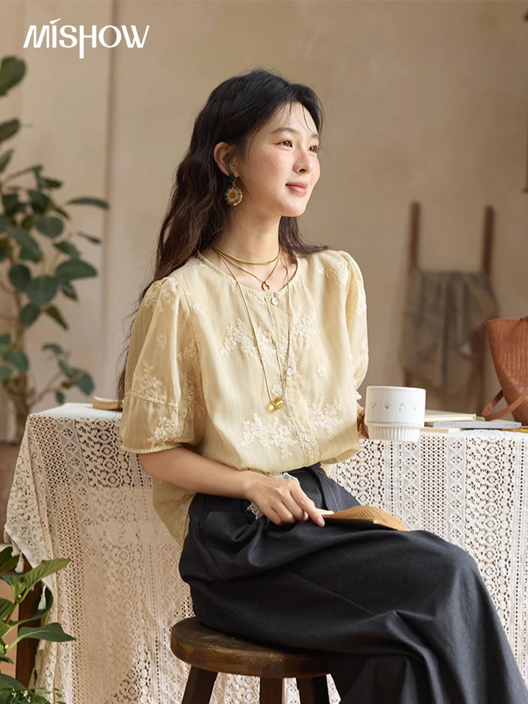 MISHOW French Retro Embroidered Floral Blouse for Women Summer 2025 Round Neck Single Breasted Top Puff Sleeve Blouse MXE36X1874