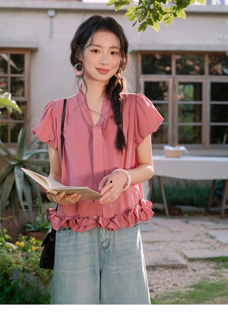 MISHOW Women's Summer V-neck Blouse 2025 New Fashion Puff Sleeve Lace Up Button Sweet Top Casual Female Clothing MXE38X1914