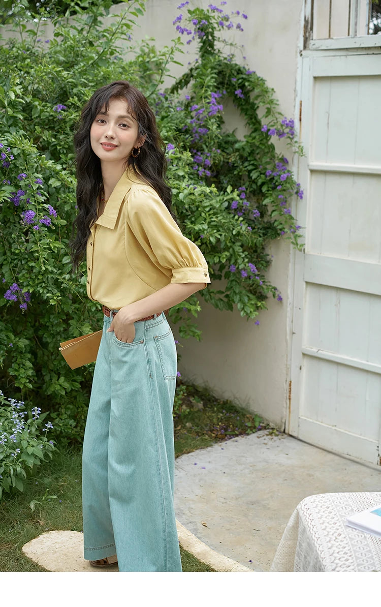 MISHOW Women's Short Sleeve Shirt Summer Thin Casual Simple Loose Elegant Blouses for Women 2024 Fashion Lapel Tops MXD28C0247