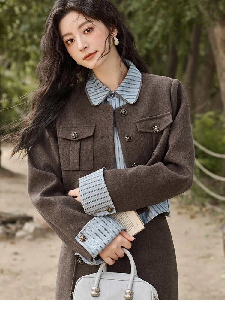 MISHOW Plaid Tweed Skirt Long-sleeved Jacket Long Skirt Separately Winter 2024 Korean O Neck Coat Front Slit Skirt MXD43W0445