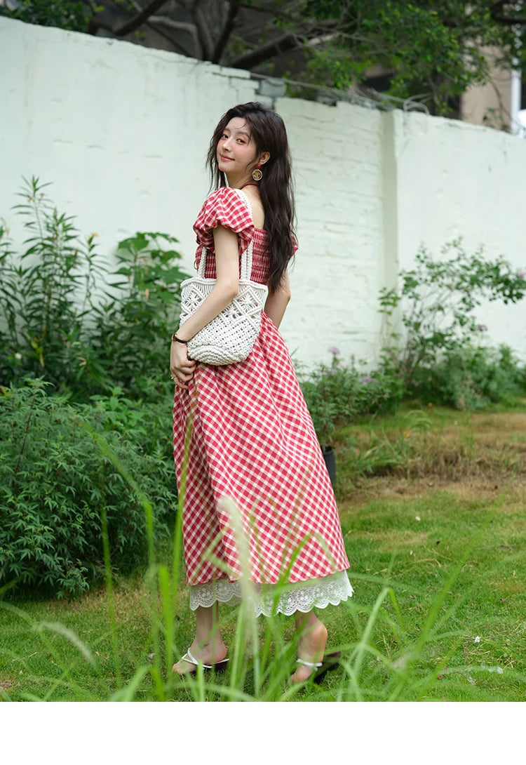 MISHOW Women's Retro Red Plaid Dress 2025 Summer New Square Neck Lace Up Hollow Out Spliced Dresses Women's Clothing MXE39L2324