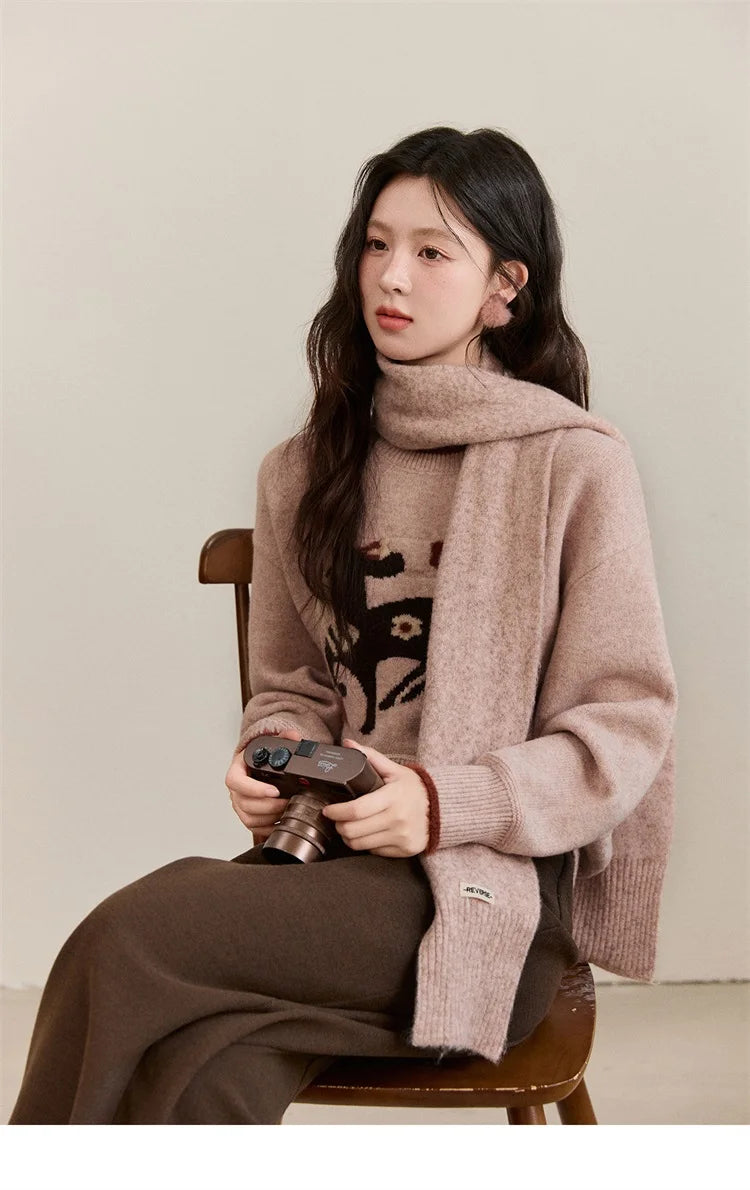 MISHOW Women's Horse Pattern Knit Sweater Winter Crew Neck Sweaters Collar Cuffs Splice Contrasting Faux Mink Fur Top MXE94Z2863