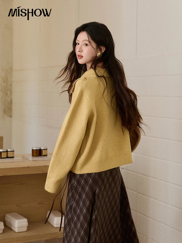 MISHOW Women's Mustard Yellow Knit Cardigan 2026 Spring Asymmetric Collar Dropped Sleeves Tops Casual Loose Sweater MXE93Z2936