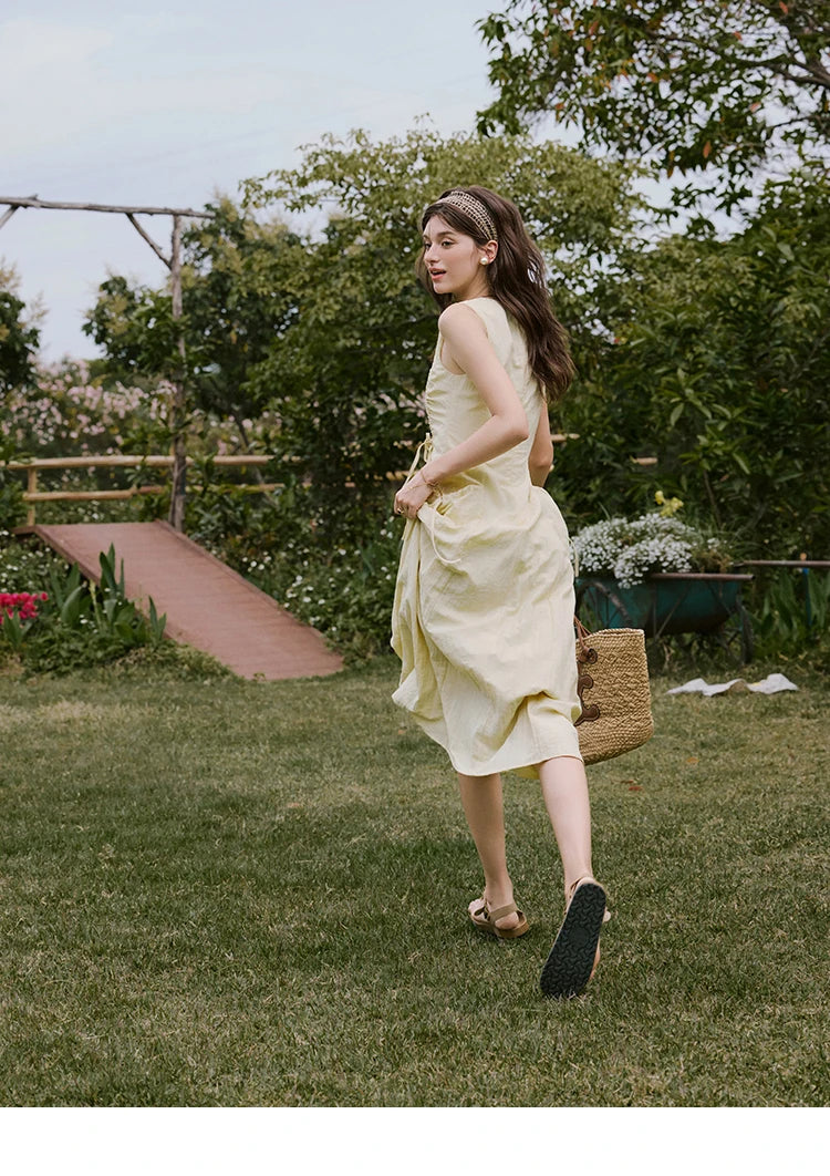 MISHOW Office Lady Summer Dress Women New 2025 Sleeveless Round Neck Drawstring Waist with Pockets Slim Dresses Woman MXE34L2228