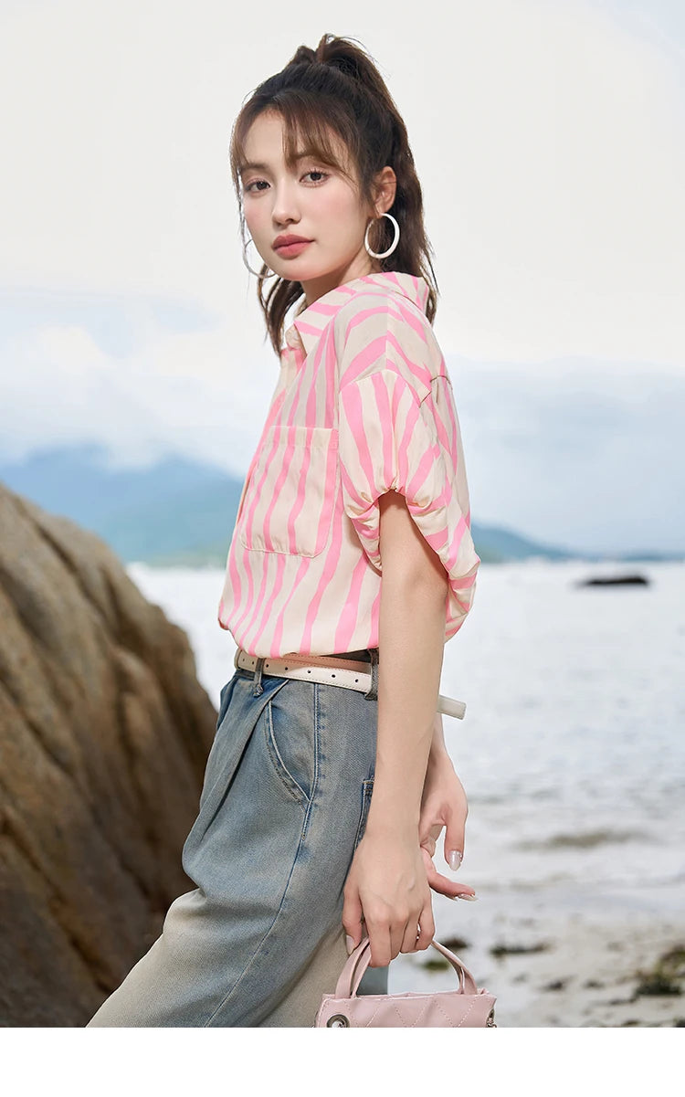 MISHOW Women's Striped Shirt 2023 Summer Korean Loose Puff Sleeve Polo Neck Pocket Casual Tops STRAIGHT Office Lady MXC38C0072