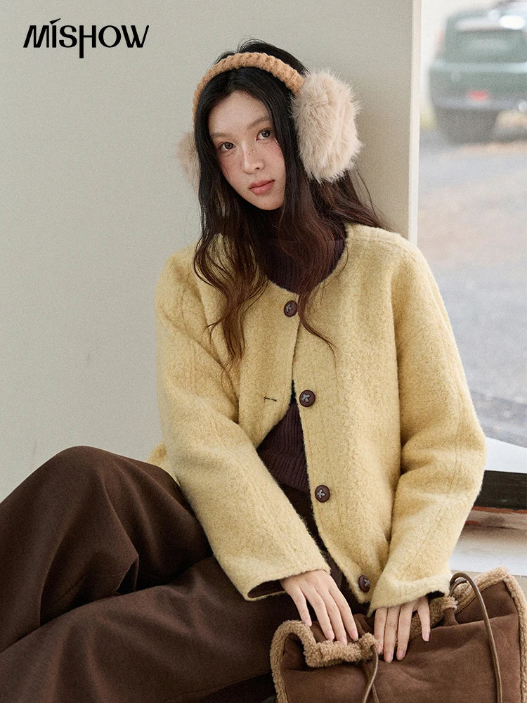 MISHOW Women's Brown Jacket 2025 Winter Retro Warm Round Neck Wool Quilted Coat Commute Short Loose Thick Coat Woman MXE87W0935