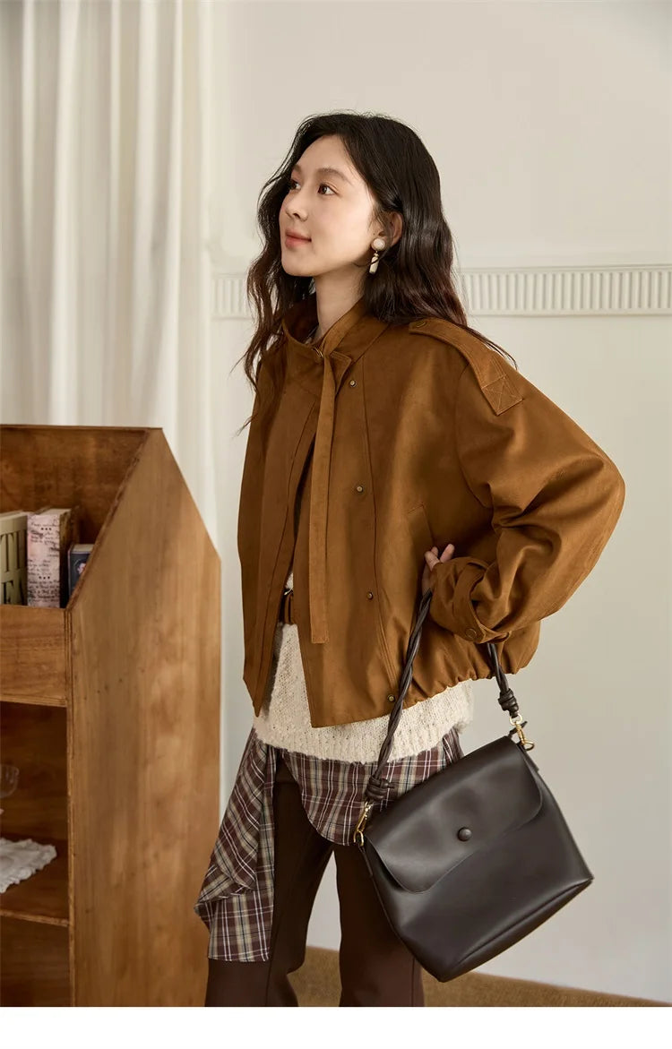 MISHOW Vintage Suede Short Jacket Brown Lapel Zipper MXE45W0869