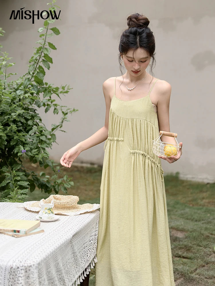 MISHOW Irregular Pleated Suspender Long Dress for Women 2025 Summer Olive Green Dress Loose Drawstring Waist Dresses MXD31L1928