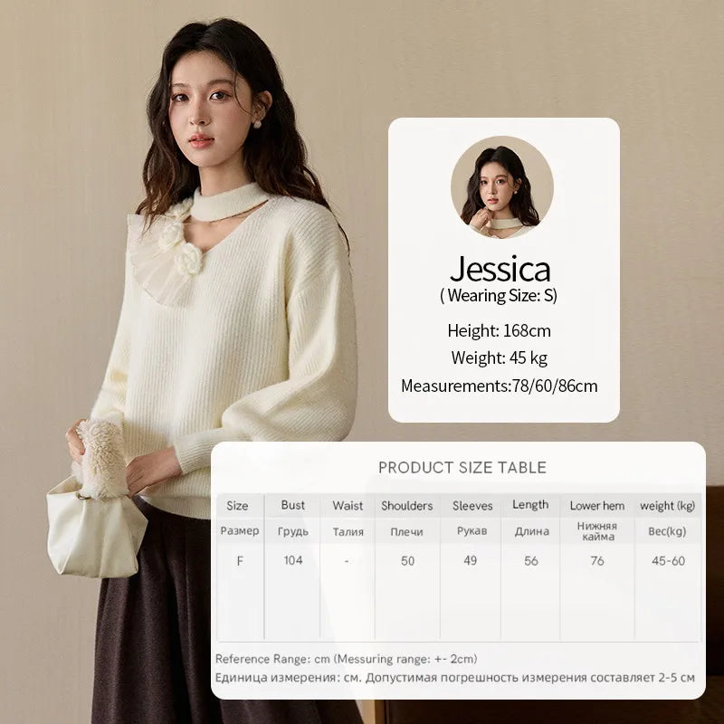 MISHOW Women's Cutout Neck Knitted Sweater 2025 Winter Ruffle Flower Decor Dropped Lantern Sleeves Pullover Tops MXE94Z2982