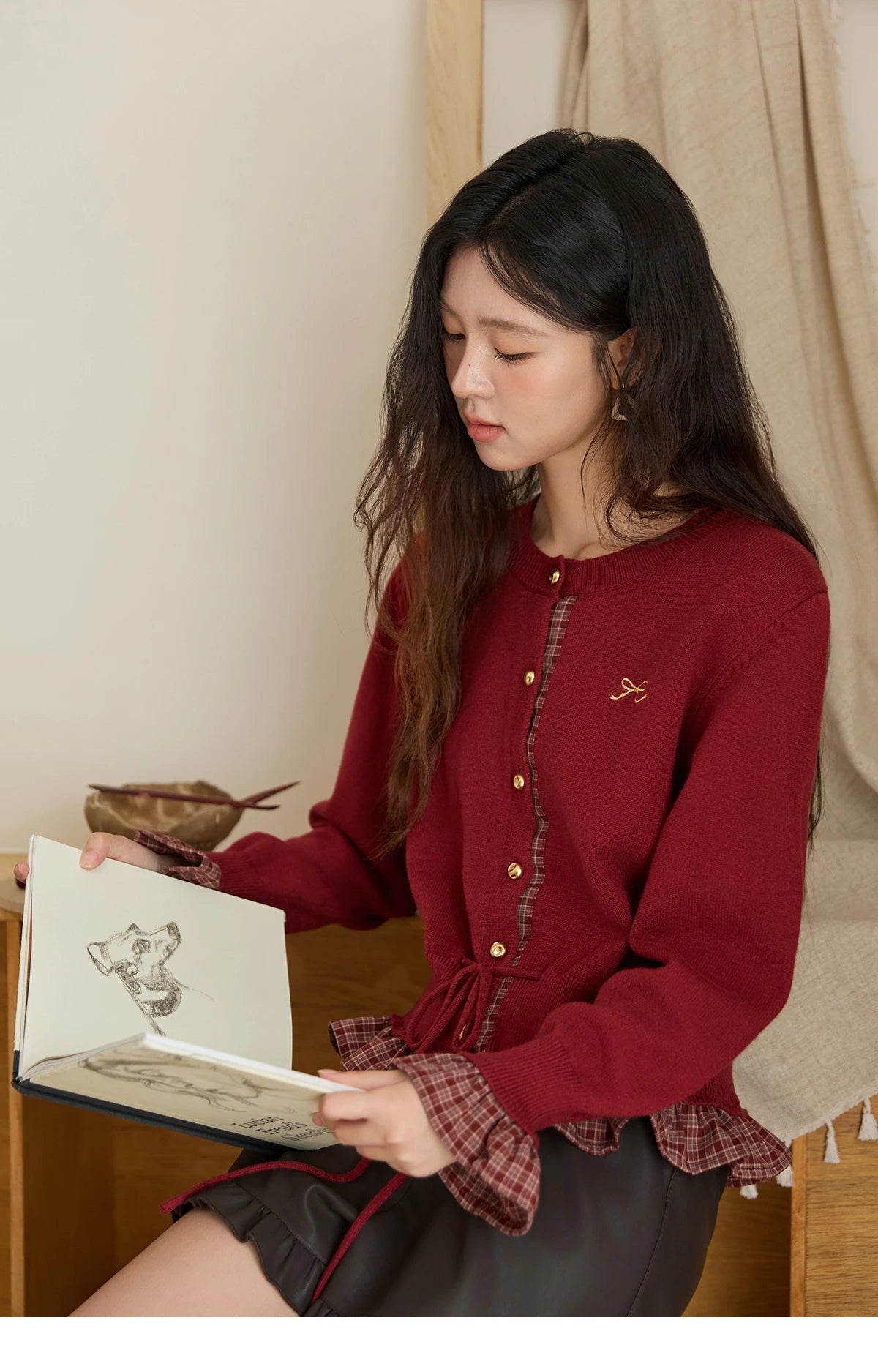 MISHOW Christmas Women's Cardigan 2025 Red Fake Two-Piece Plaid Patchwork Knit Top O-Neck Single-Breasted Outerwear MXE45Z2483