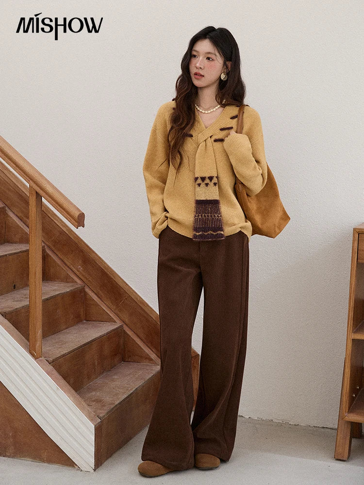 MISHOW Women V-neck Knit Top 2025 French-style Elegant Workwear Long-sleeved Yellow Pullover Women's Winter Clothing MXE87Z2771