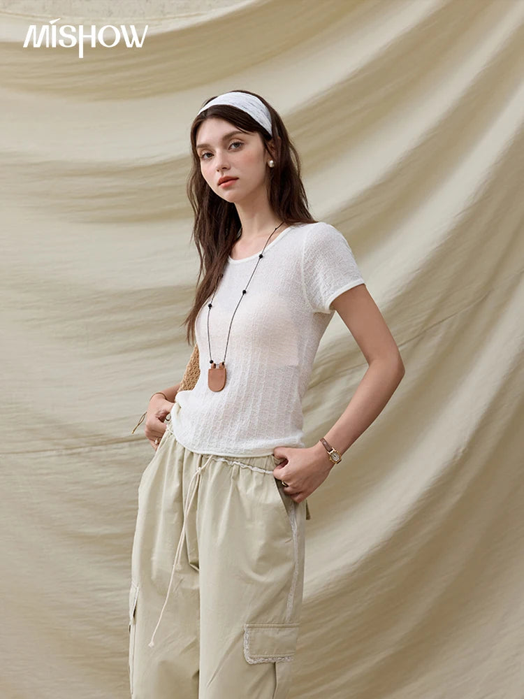 MISHOW Office Lady Women’s T-shirts Summer 2025 Short Sleeve Round Neck Solid Slimming Knitted Shirt Female Fashion MXE34Z1257