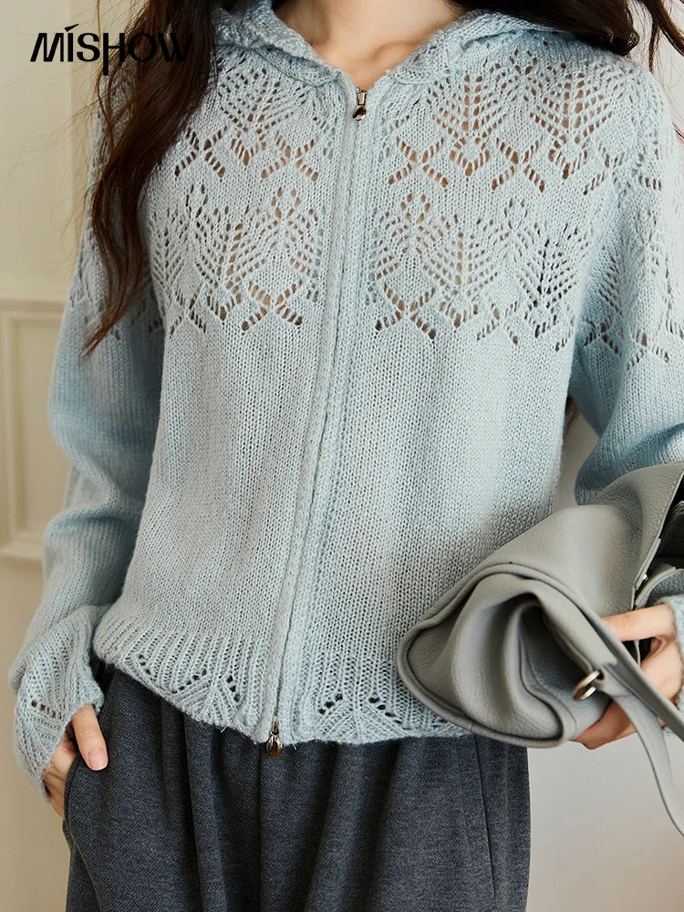 MISHOW Women's Autumn Cardigan 2025 New Loose Blue Hollow Knitted Cardigan Commute Hooded Short Zipper Sweater MXE46Z2584