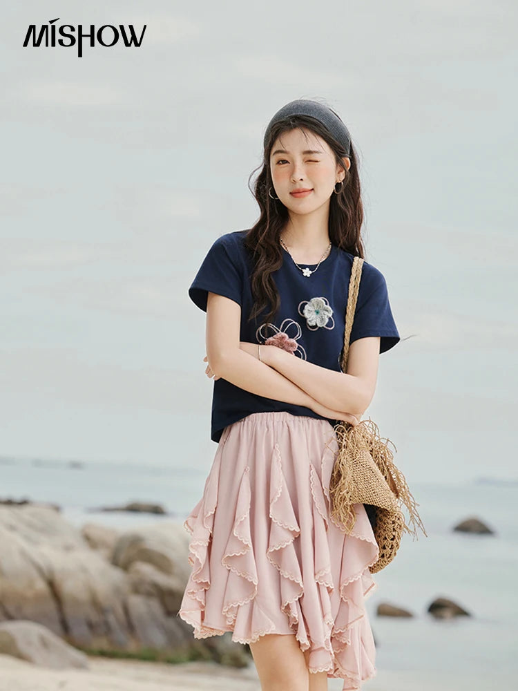 MISHOW Casual Summer Print T-shirts Women New 2025 Short Sleeve Round Neck Flower Beaded Shirts Female Fashion Tops MXE33T0499