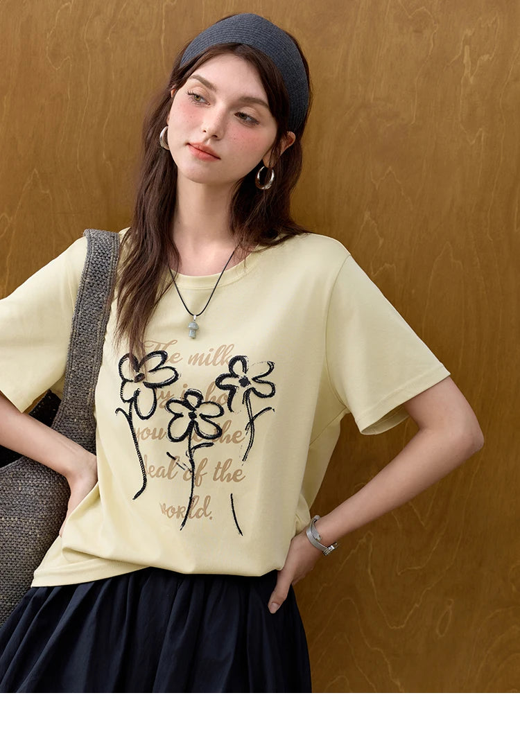 MISHOW Casual Print T-shirts Women Summer 2025 Short Sleeve Round Neck Embroidered Flower Shirt Female Loose Slimming MXE33T0498