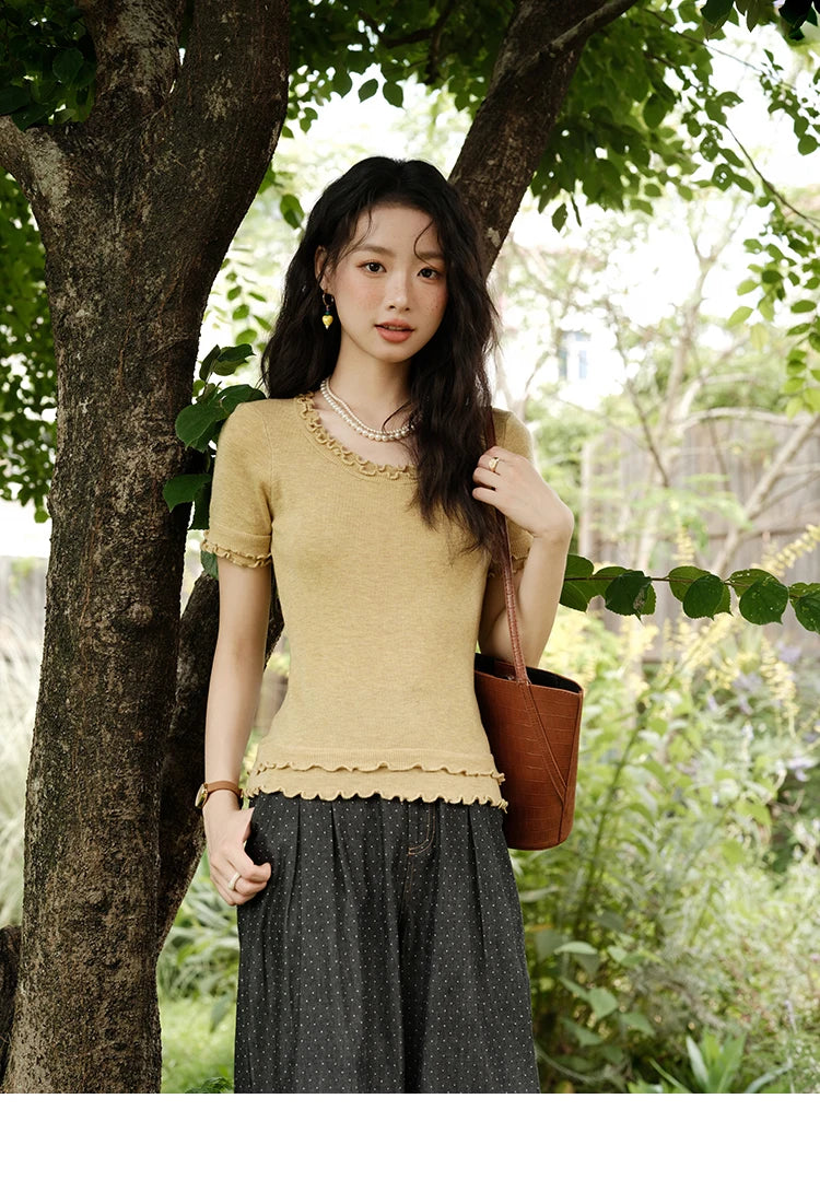 MISHOW Women's Round Neck Knit T-shirt Summer 2025 Fashion Ear Edge Short Top Casual Short Sleeve Tee Female Clothing MXE32Z1233