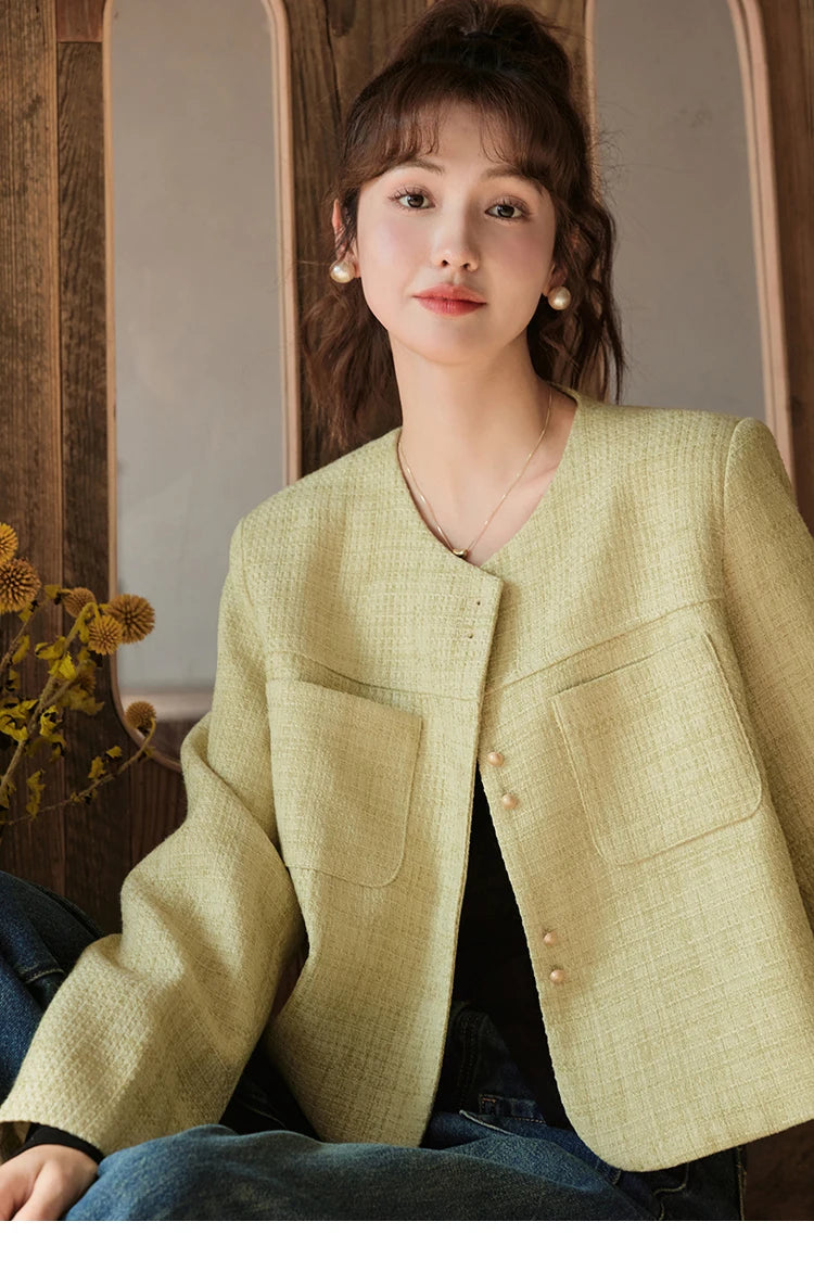 MISHOW Retro Round Neck Coats for Women Spring Autumn Pockets Loose Gold Button Single Breasted Solid Short Jackets MXC44W0072