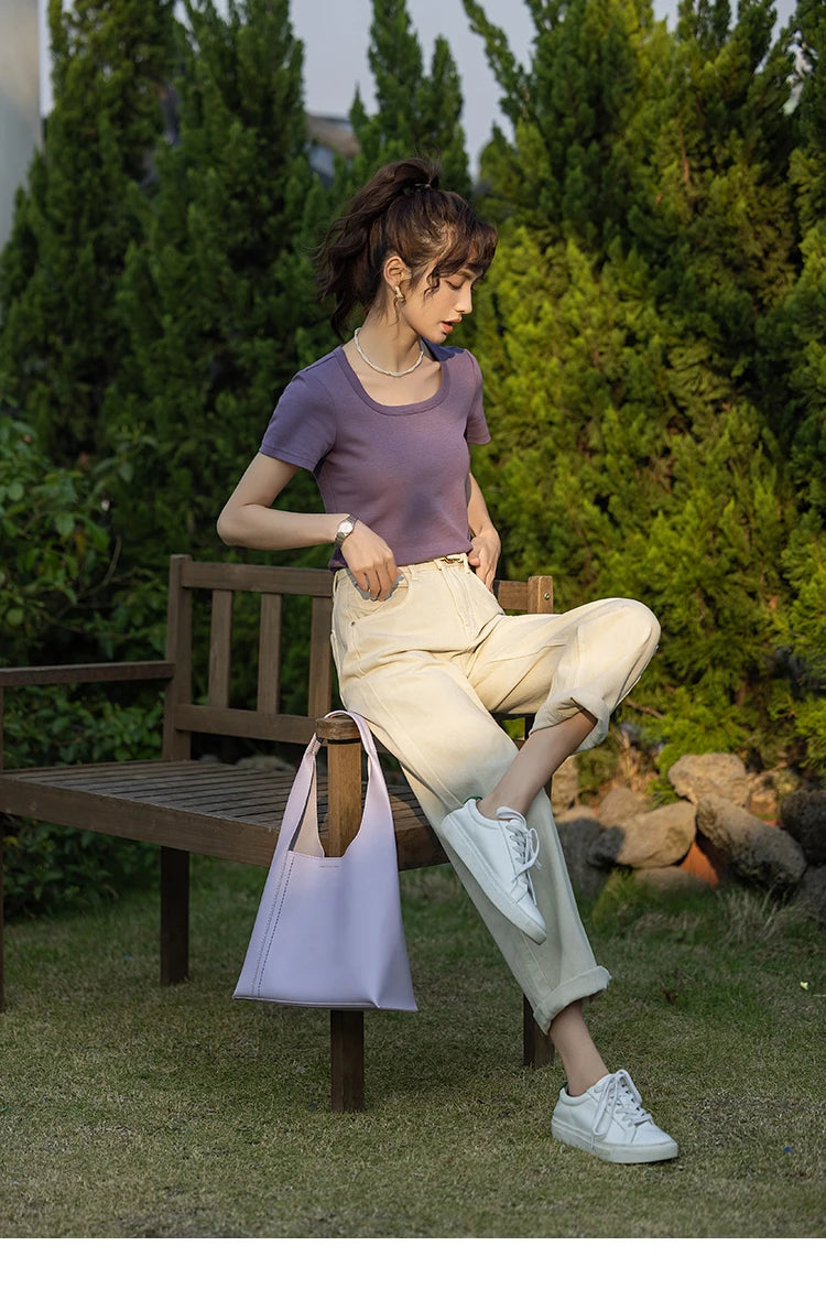 MISHOW Short Sleeve T-shirts Women Spring Solid Square-neck Top Elegant Woman Clothes Office Lady Cotton Tees MXC12T0641