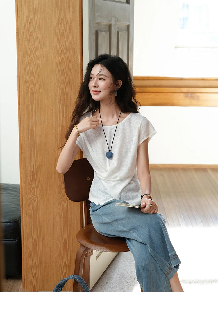 MISHOW Round Neck Knitted T-Shirt Irregular Design Button MXE39T0709