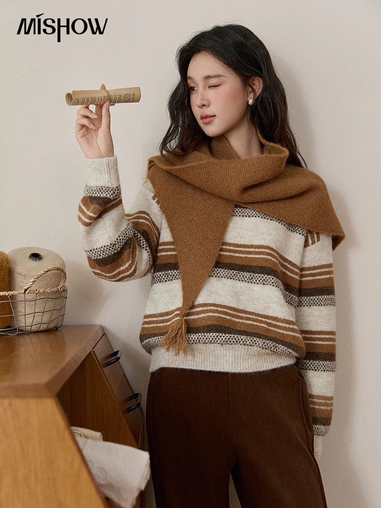 MISHOW Women's Wool Blend Retro Striped Sweater with Scarf Set 2025 Winter Knitted Round Neck Warm Loose Sweaters MXE94Z2987