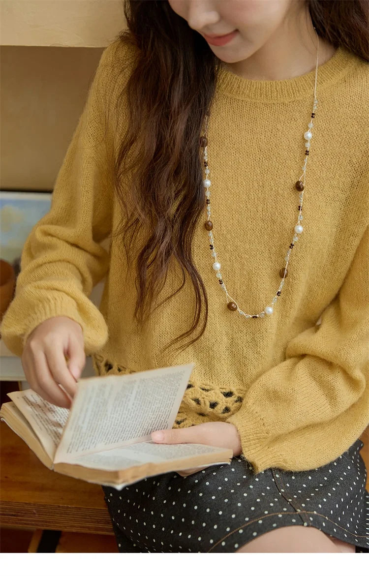 MISHOW Woman Sweaters 2025 Elegant French Hollow Out Floral Sweater Loose O-neck Long Sleeves Knit Top Autumn Clothes MXE44Z2491