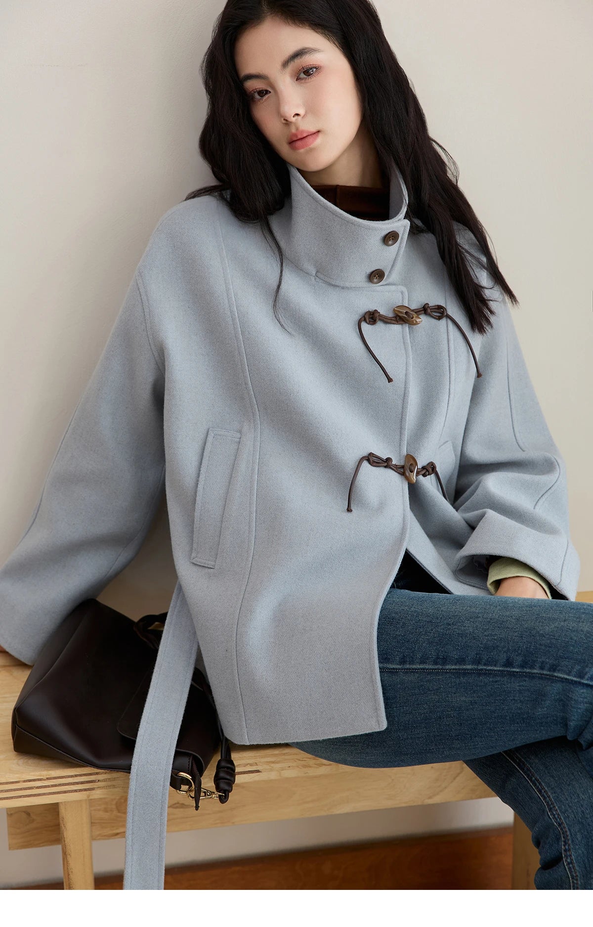 MISHOW Blue Woolen Coat Women 2025 Winter New Double-breasted Lace Up Coat Mid-length Windbreaker Women's Clothing MXE51W0872